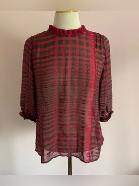 Vintage 80s Sheer Striped Ruffle-Neck Women's Top